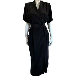 80s Silk Dress Black Long Sleeve Pockets Wrap Style Front Size 6
